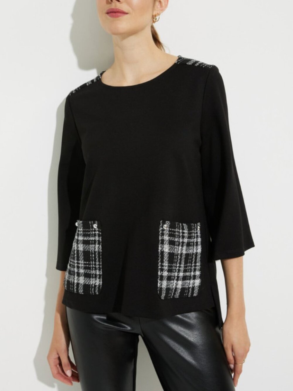 JOSEPH RIBKOFF Plaid Pocket Black 224153 Popover Black Top size 10